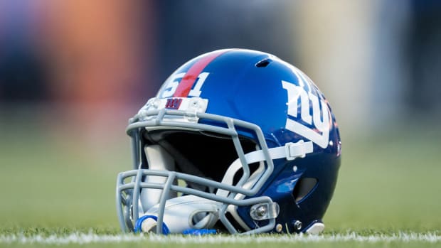Oct 15, 2017; Denver, CO, USA; A general view of a New York Giants helmet on the turf before the game against the Denver Broncos at Sports Authority Field at Mile High.